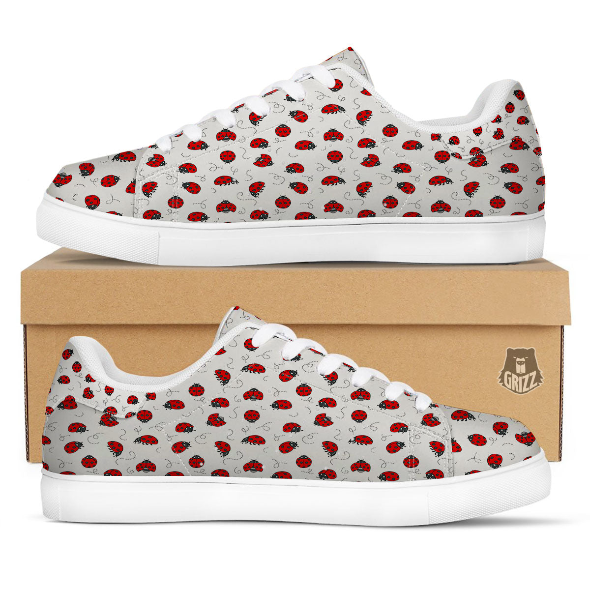 Ladybird Cartoon Print Pattern White Low Top Sneakers-grizzshop