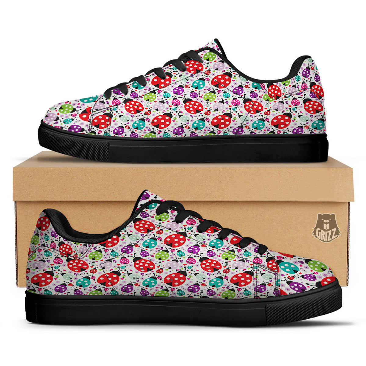 Ladybug Cute Print Pattern Black Low Top Sneakers-grizzshop