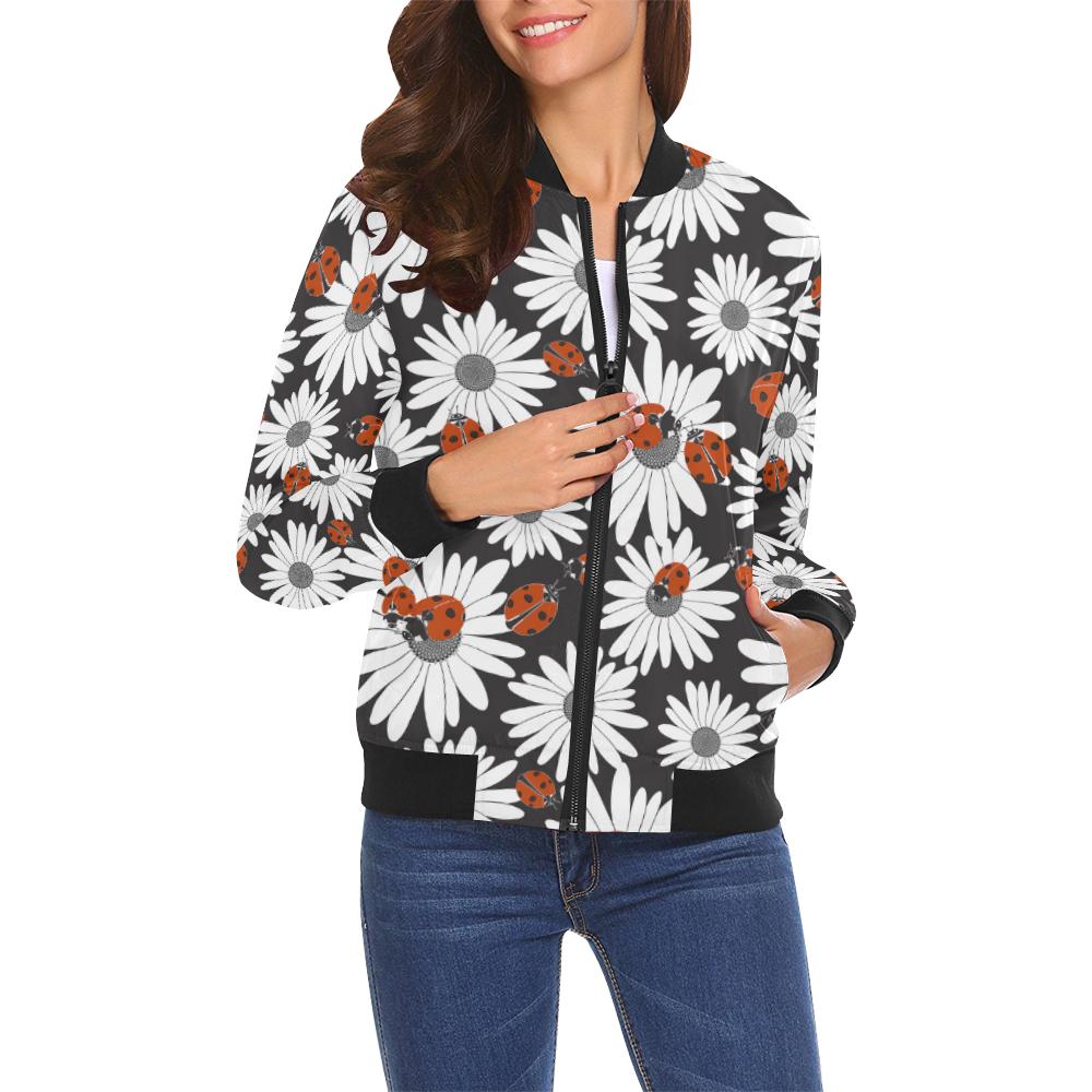 Ladybug Daisy Pattern Print Women Casual Bomber Jacket-grizzshop