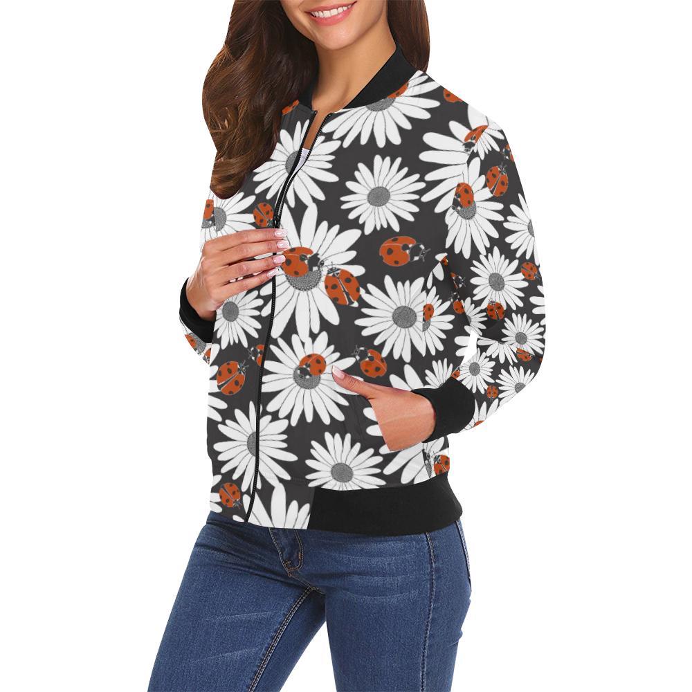 Ladybug Daisy Pattern Print Women Casual Bomber Jacket-grizzshop