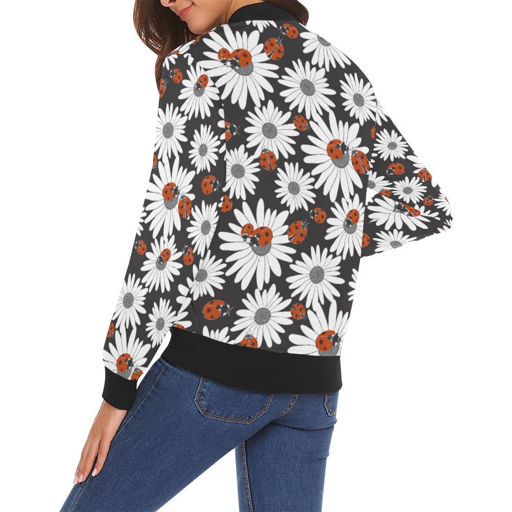 Ladybug Daisy Pattern Print Women Casual Bomber Jacket-grizzshop