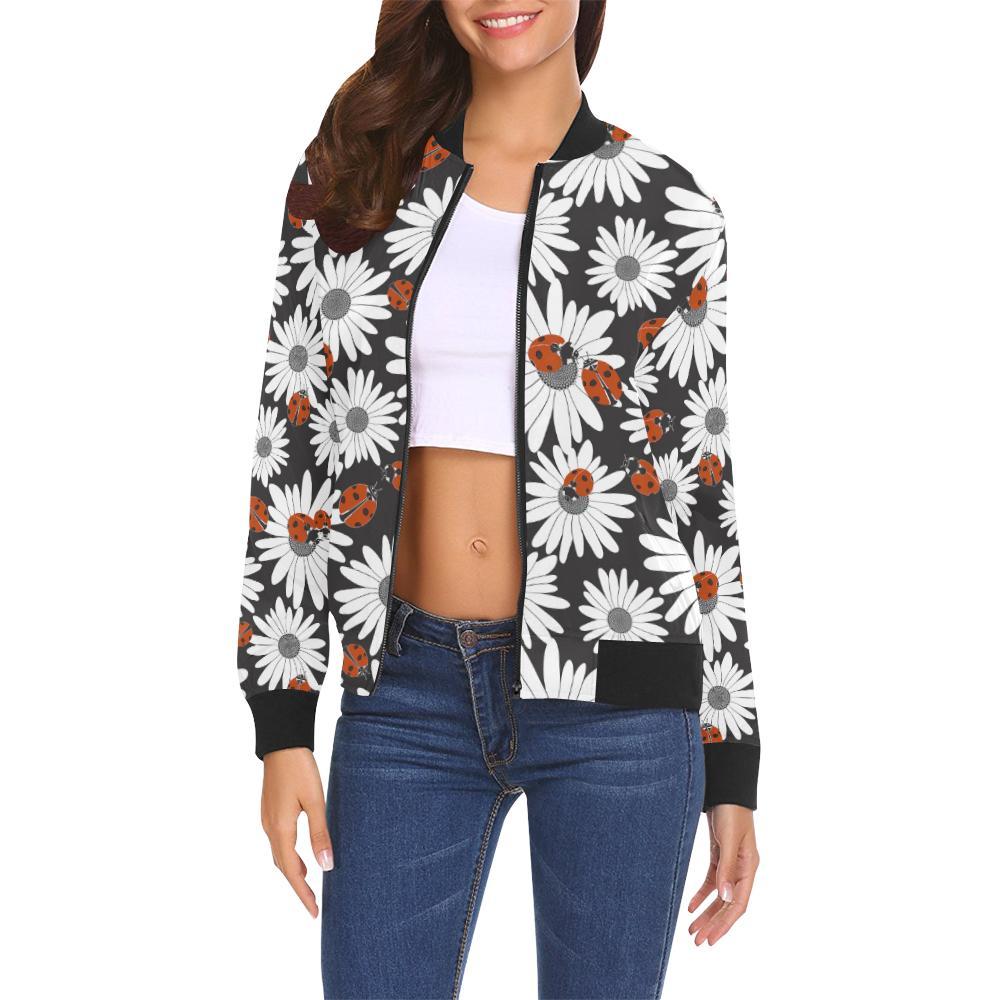 Ladybug Daisy Pattern Print Women Casual Bomber Jacket-grizzshop