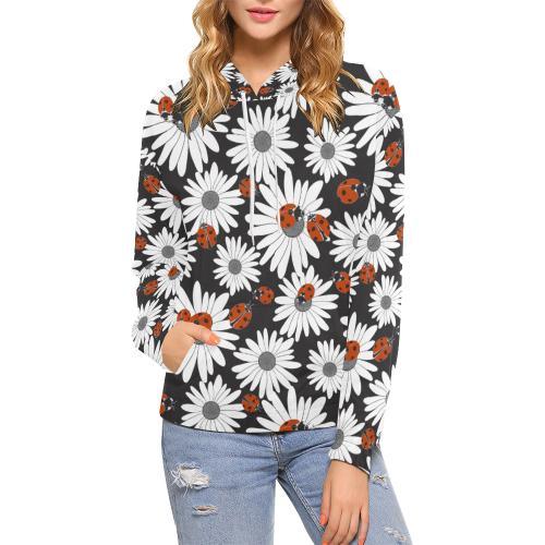 Ladybug Daisy Pattern Print Women Pullover Hoodie-grizzshop