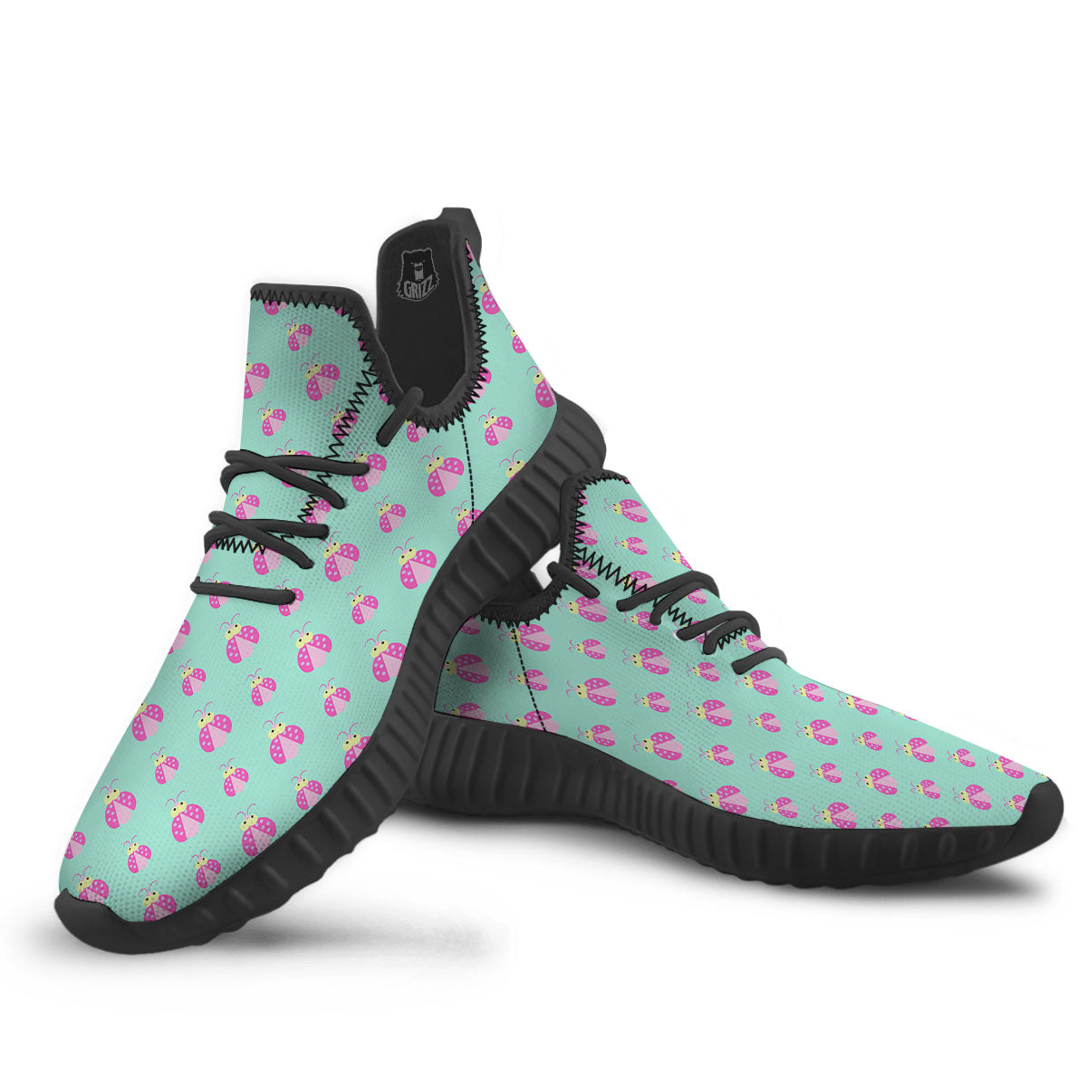 Ladybug Pink Print Pattern Black Walking Shoes-grizzshop