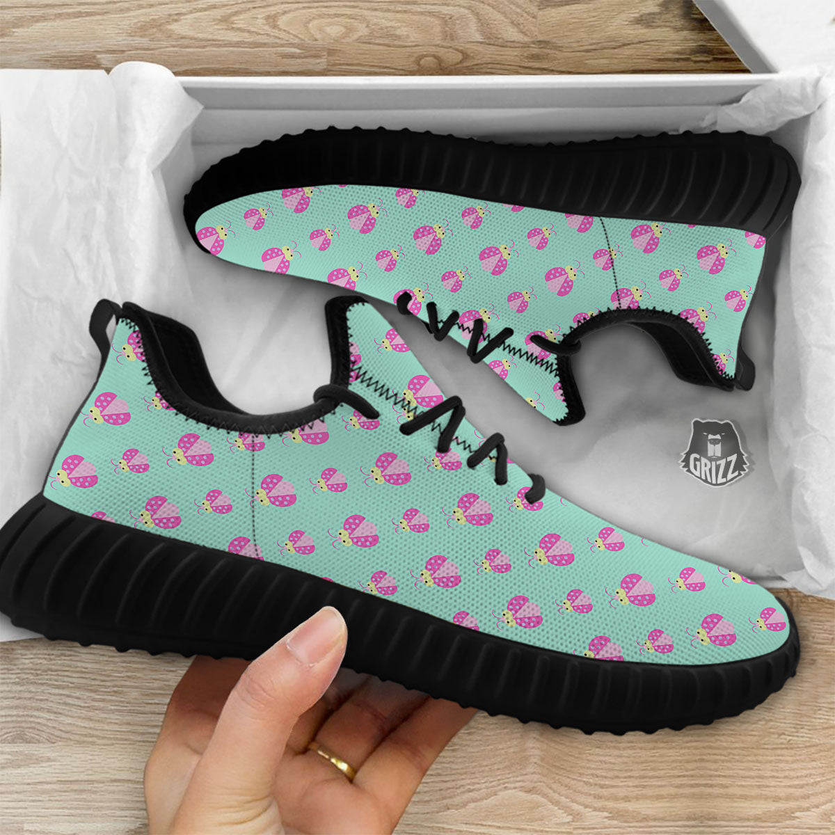 Ladybug Pink Print Pattern Black Walking Shoes-grizzshop