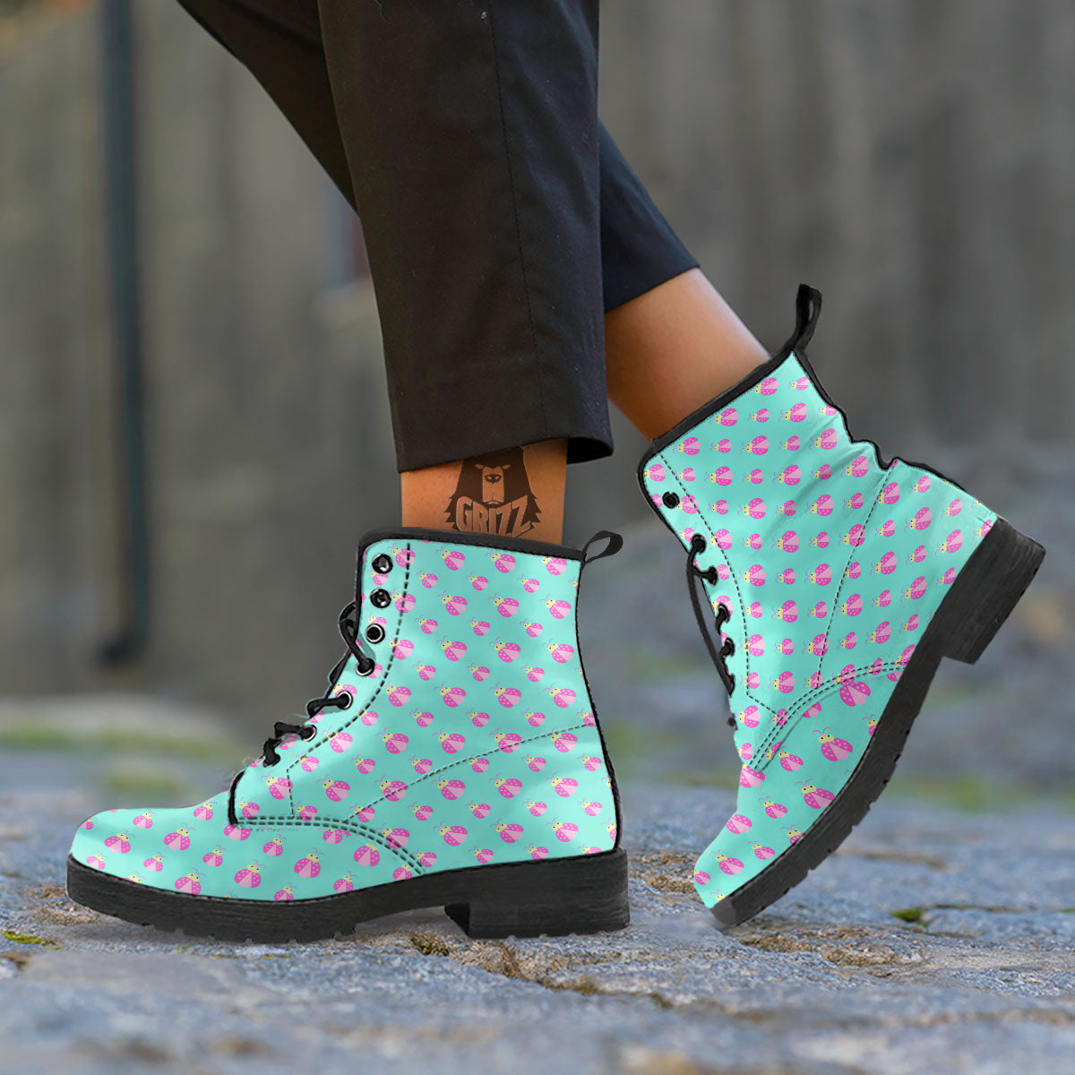 Ladybug Pink Print Pattern Leather Boots-grizzshop