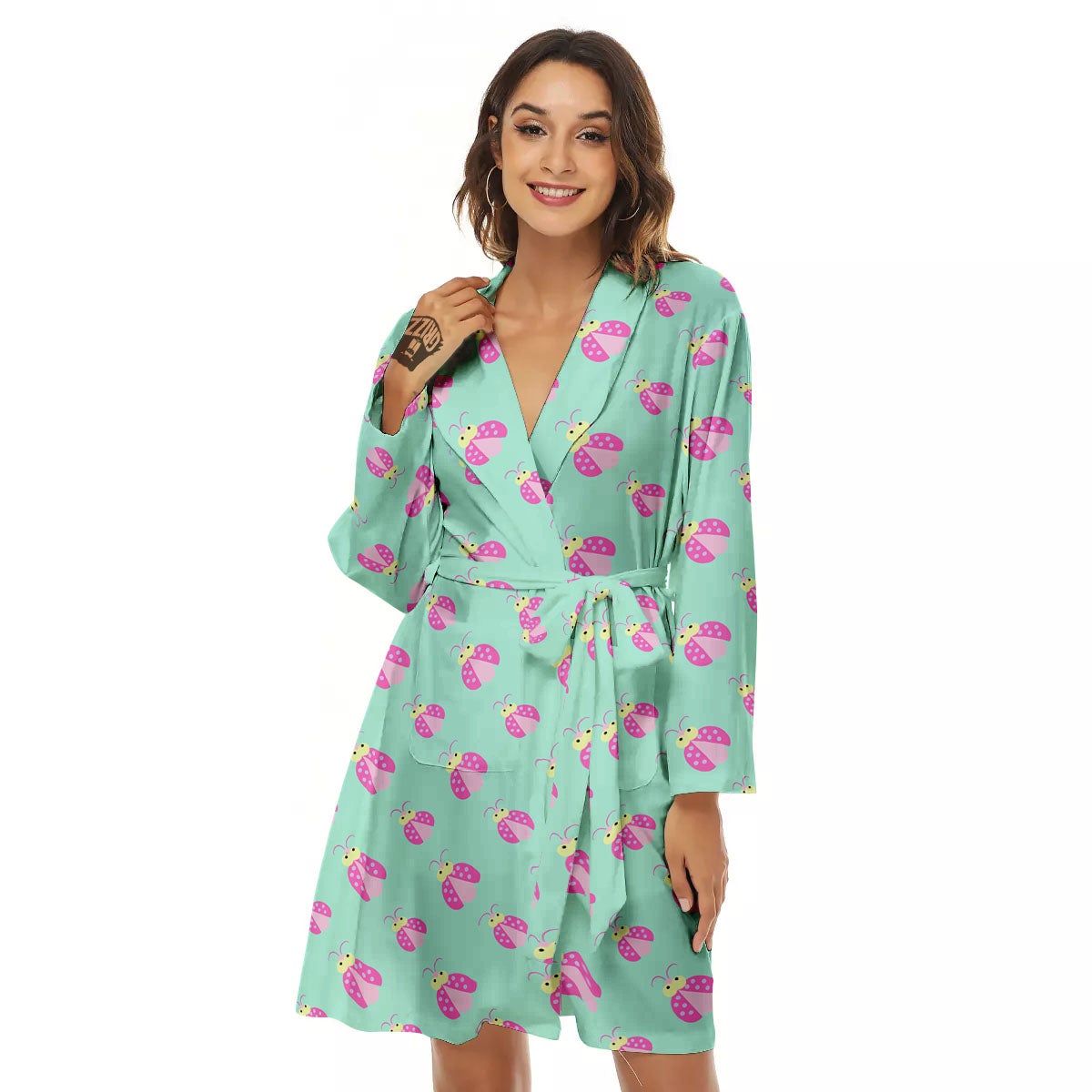 Ladybug Pink Print Pattern Women's Robe-grizzshop