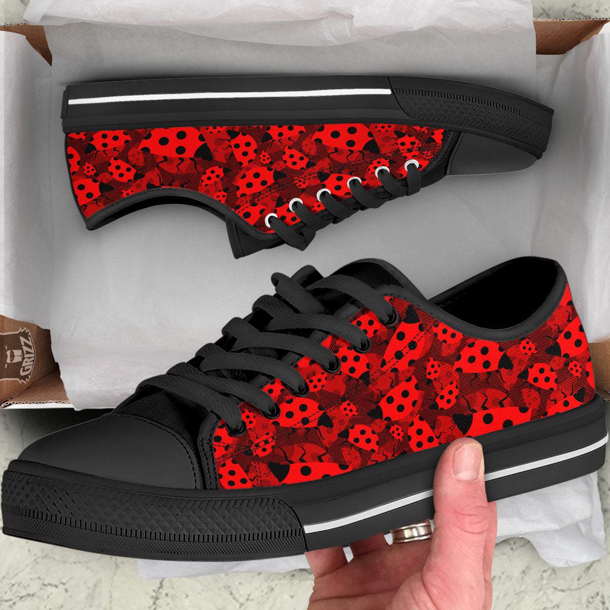 Ladybug Red Print Pattern Black Low Top Shoes-grizzshop