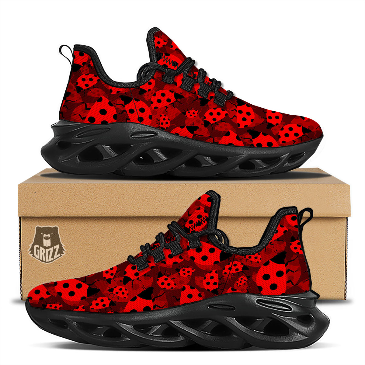 Ladybug Red Print Pattern Black Running Shoes-grizzshop