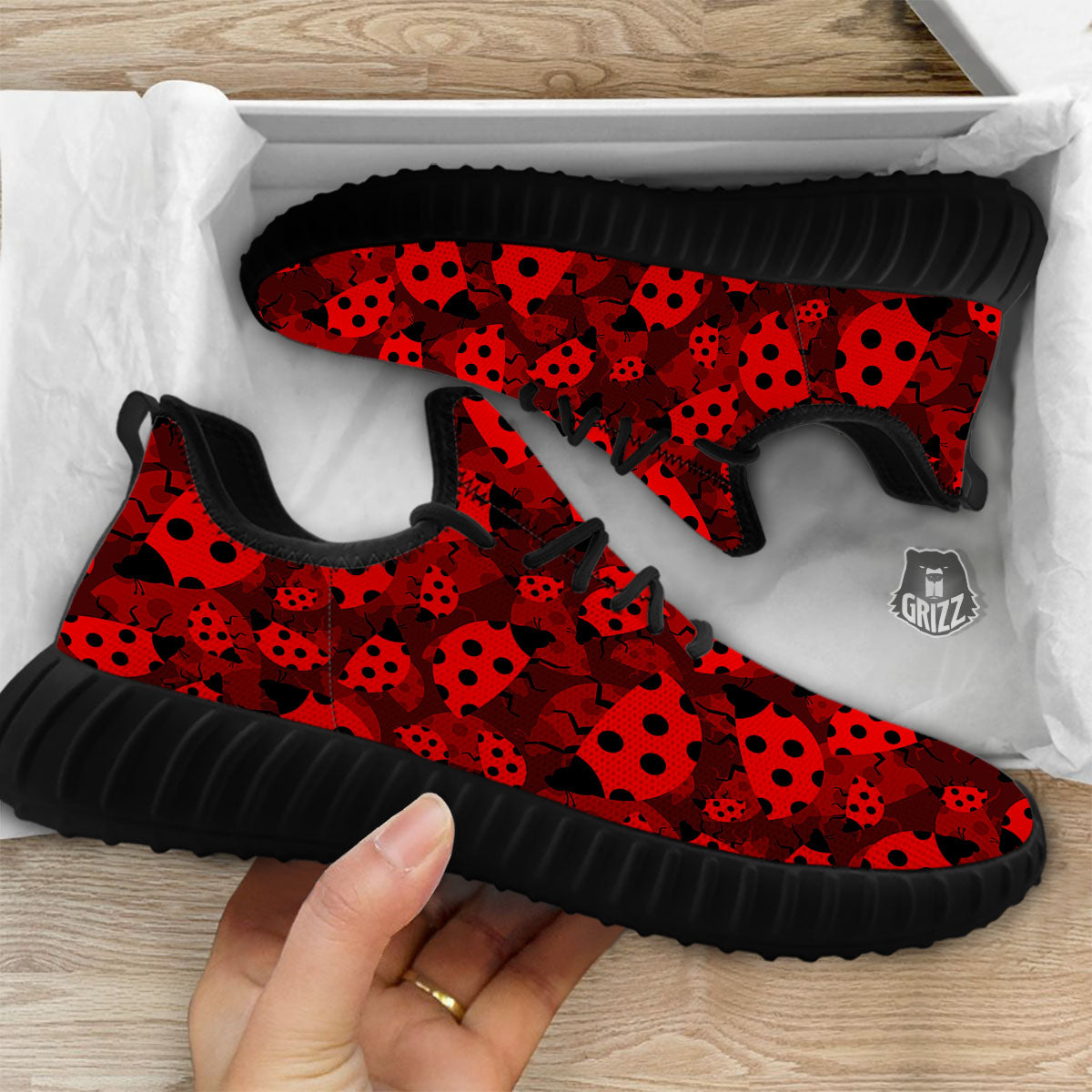 Ladybug Red Print Pattern Black Walking Shoes-grizzshop