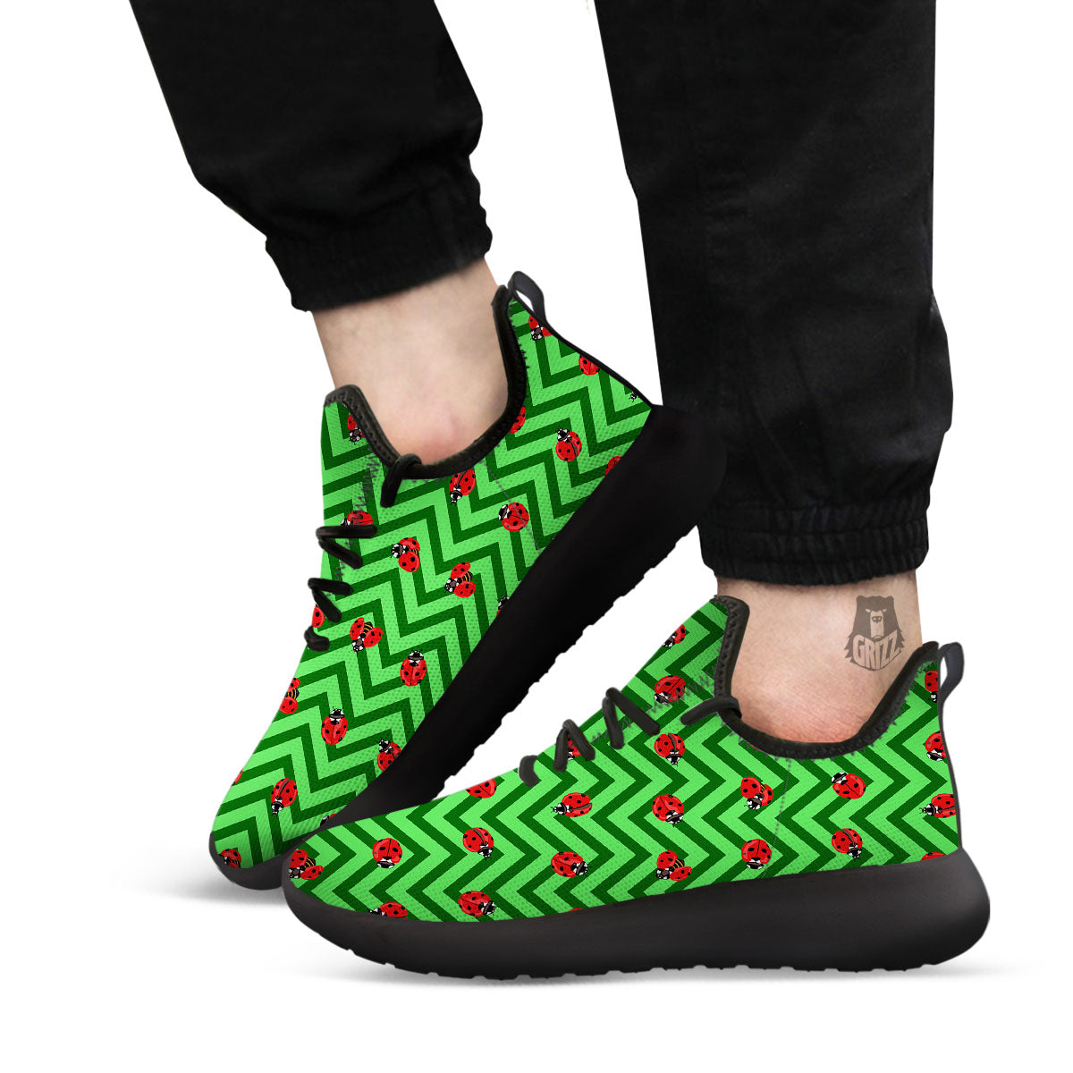 Ladybug Zigzag Green Pattern Black Athletic Shoes-grizzshop