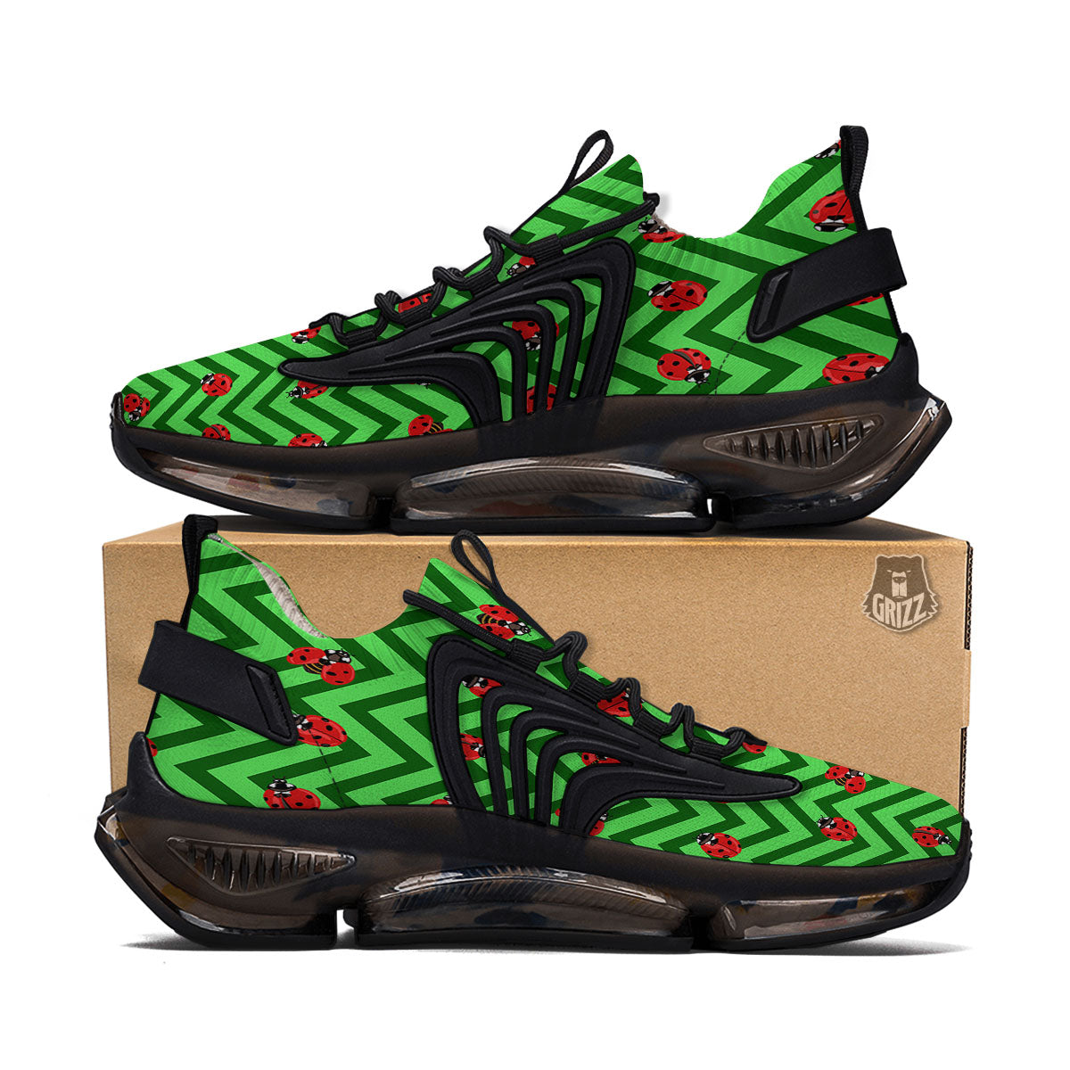 Ladybug Zigzag Green Pattern Black Gym Shoes-grizzshop