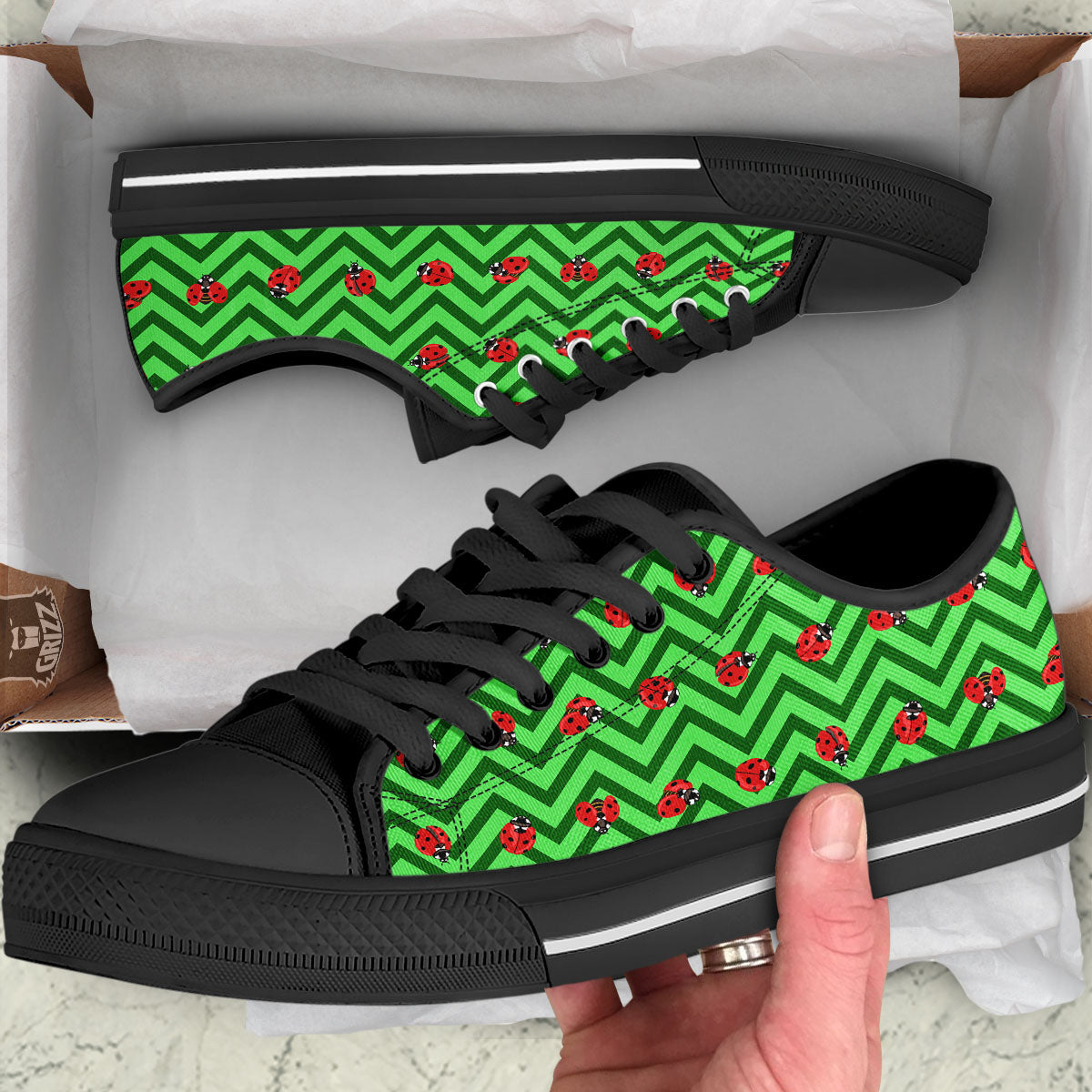 Ladybug Zigzag Green Pattern Black Low Top Shoes-grizzshop