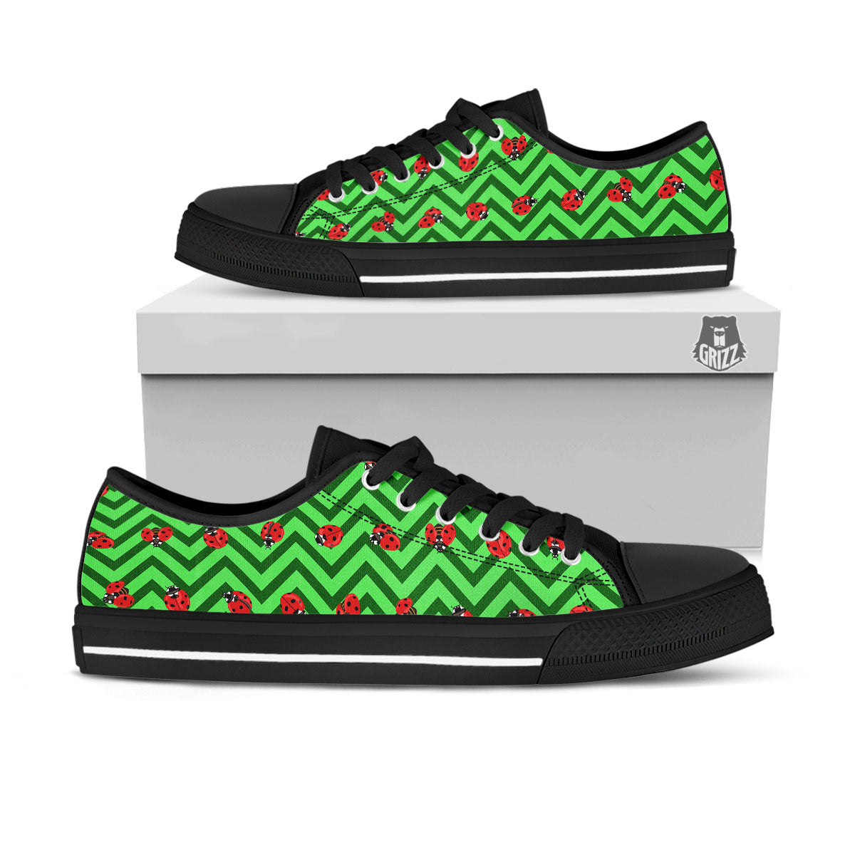 Ladybug Zigzag Green Pattern Black Low Top Shoes-grizzshop
