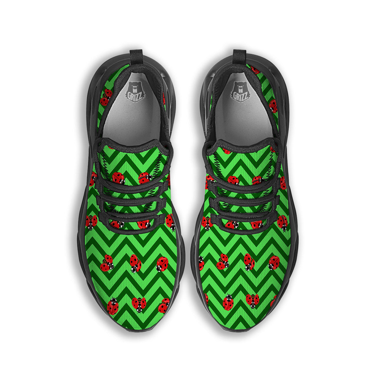 Ladybug Zigzag Green Pattern Black Running Shoes-grizzshop