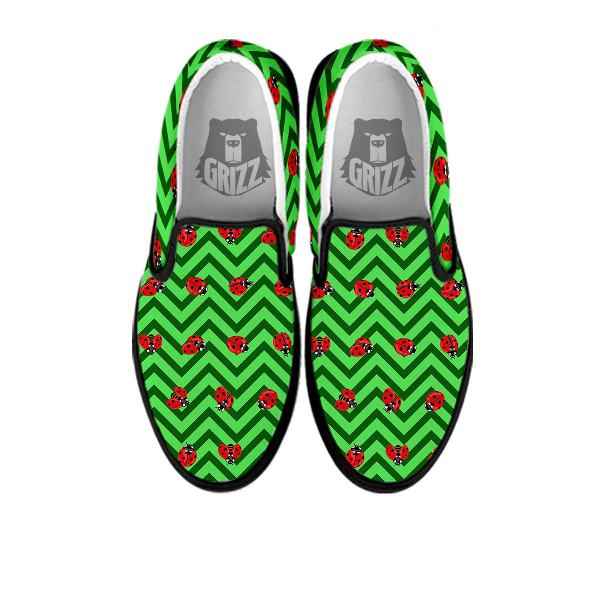 Ladybug Zigzag Green Pattern Black Slip On Shoes-grizzshop