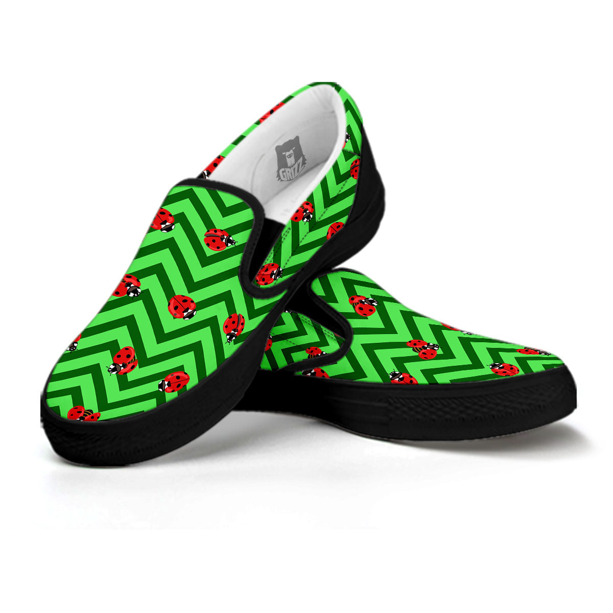Ladybug Zigzag Green Pattern Black Slip On Shoes-grizzshop