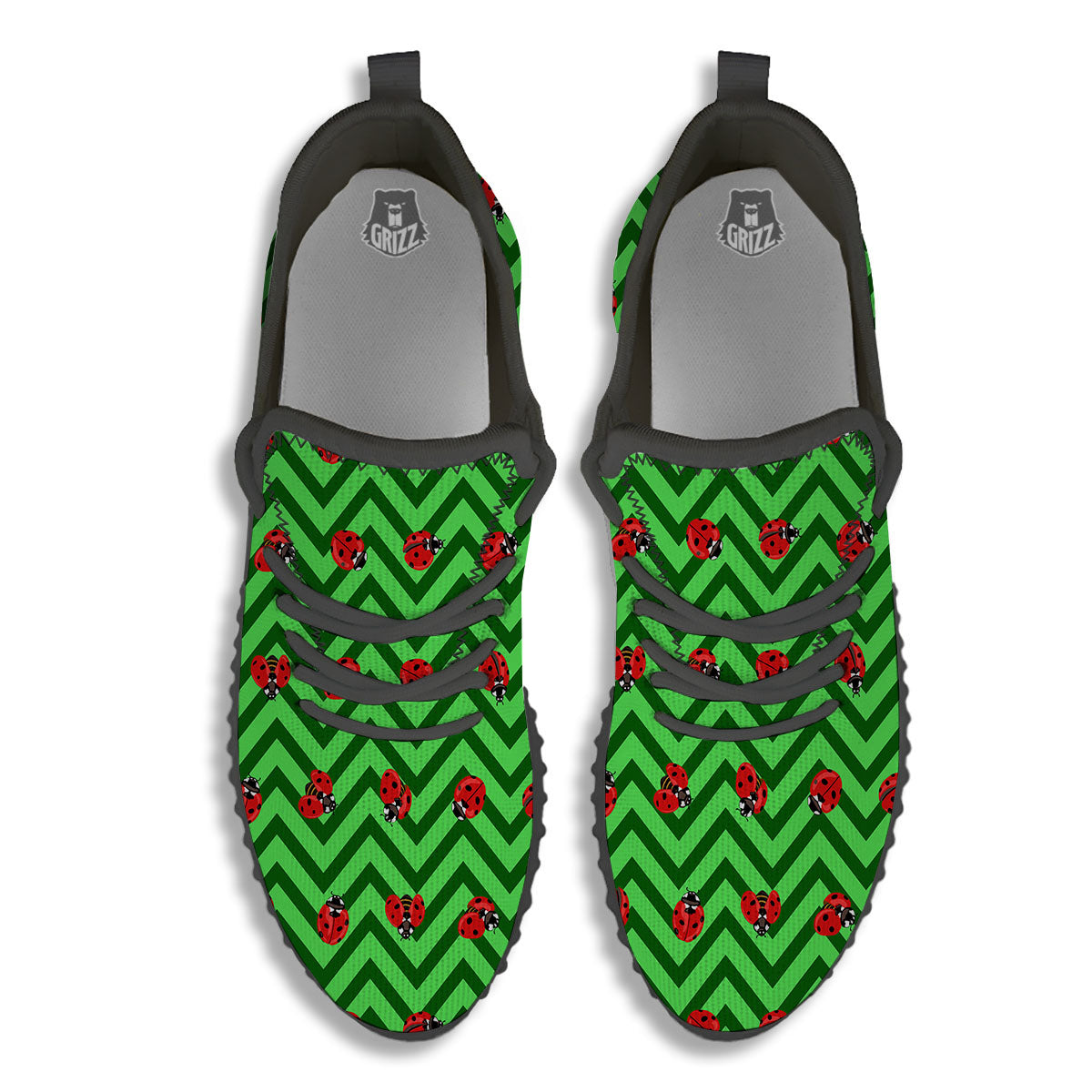Ladybug Zigzag Green Pattern Black Walking Shoes-grizzshop