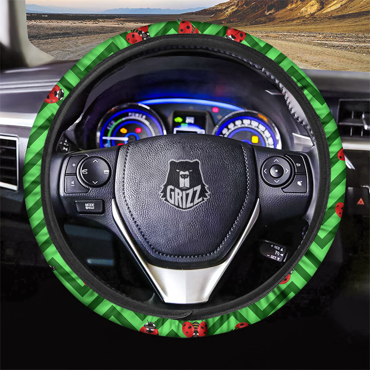 Ladybug Zigzag Green Pattern Car Steering Wheel Cover-grizzshop