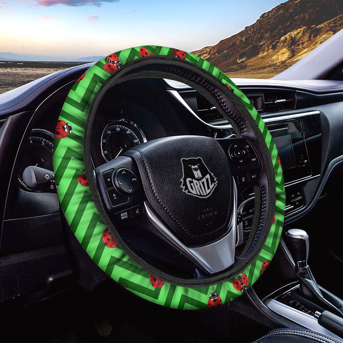 Ladybug Zigzag Green Pattern Car Steering Wheel Cover-grizzshop