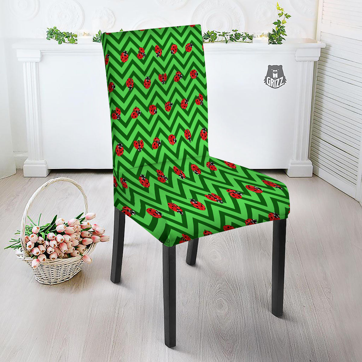 Ladybug Zigzag Green Pattern Dining Chair Slipcover-grizzshop