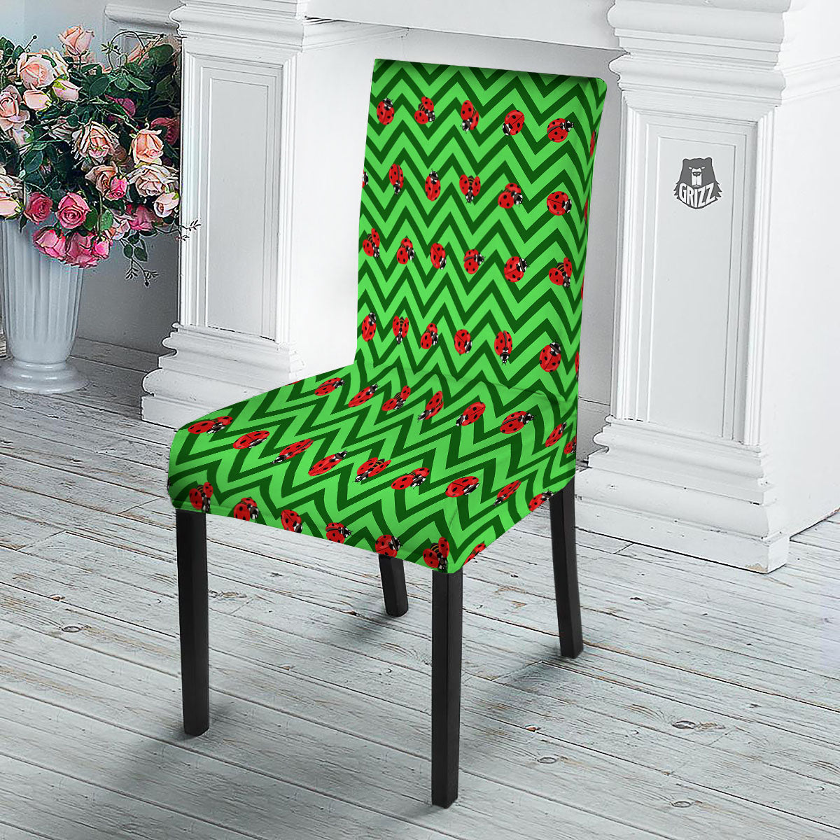 Ladybug Zigzag Green Pattern Dining Chair Slipcover-grizzshop