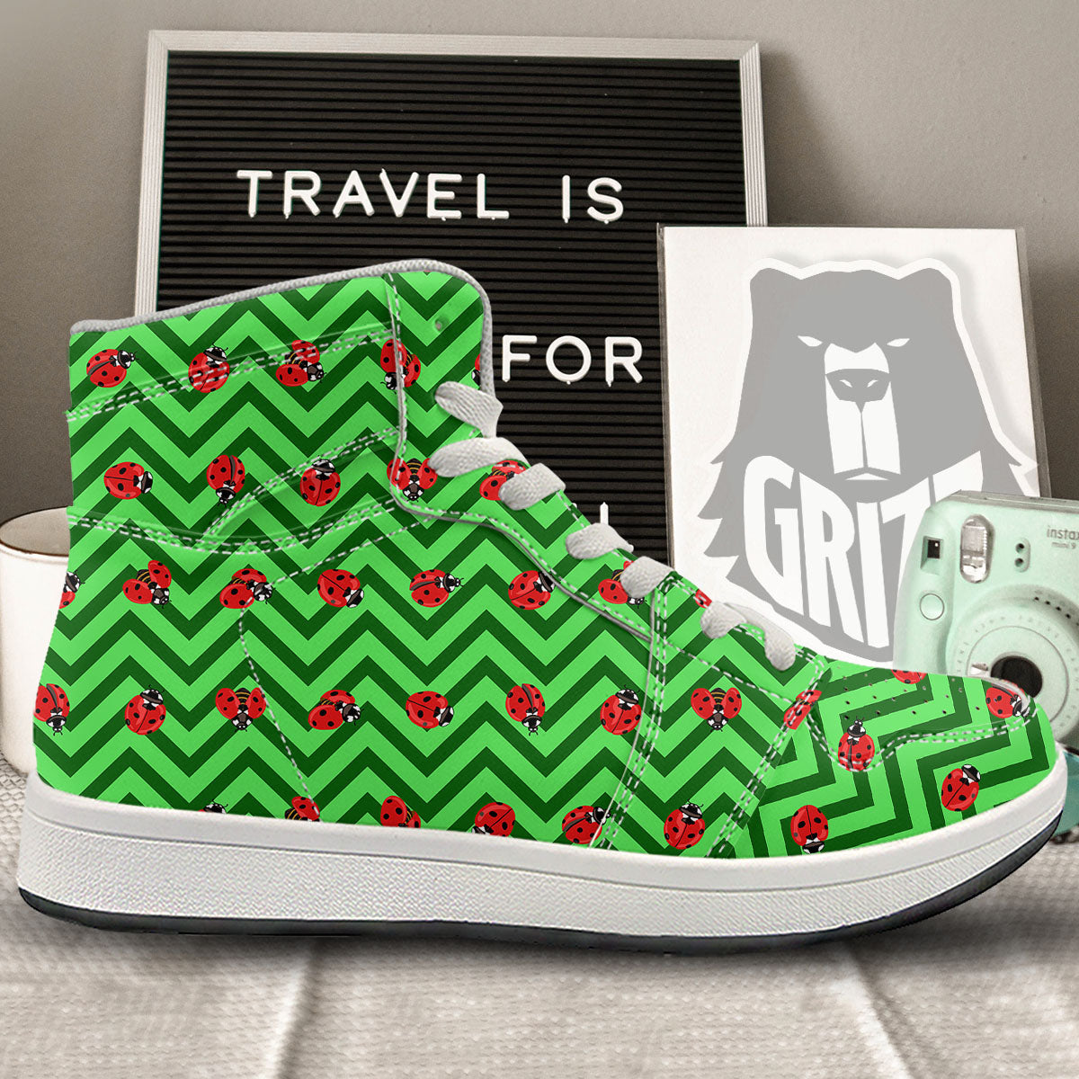 Ladybug Zigzag Green Pattern High Top Sneakers-grizzshop