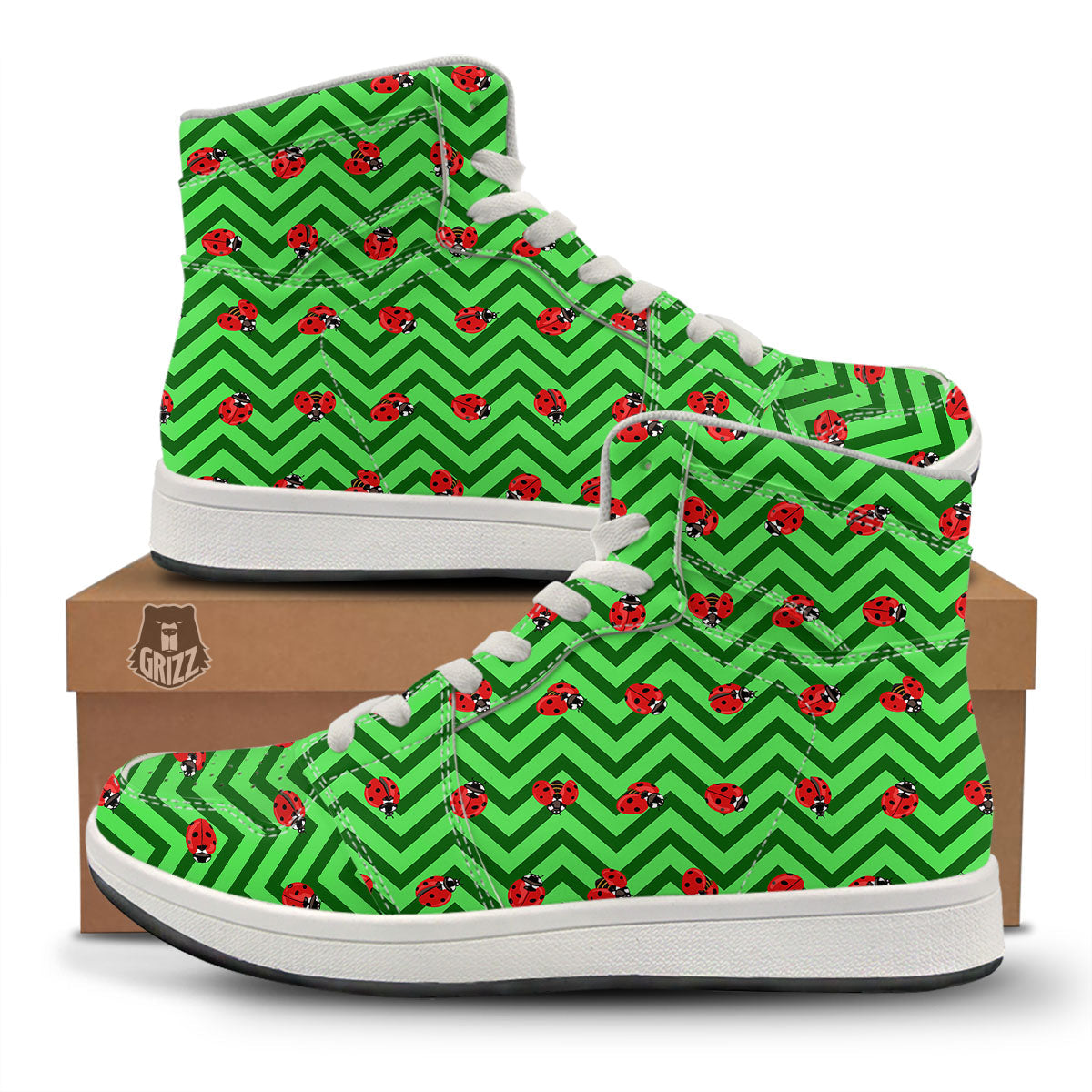 Ladybug Zigzag Green Pattern High Top Sneakers-grizzshop