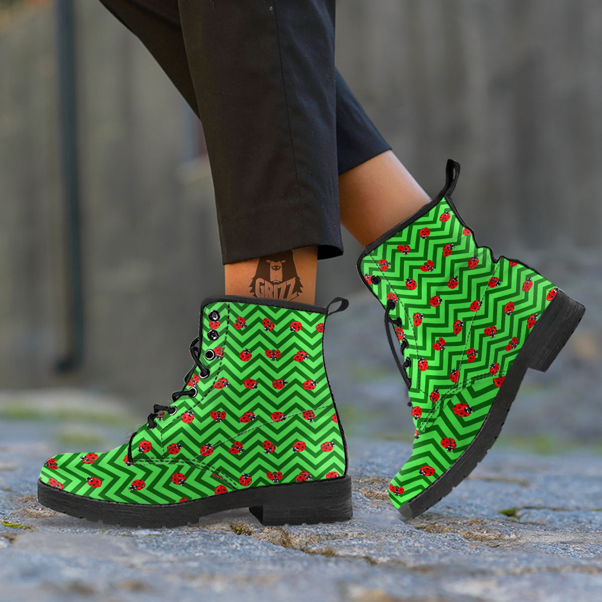 Ladybug Zigzag Green Pattern Leather Boots-grizzshop