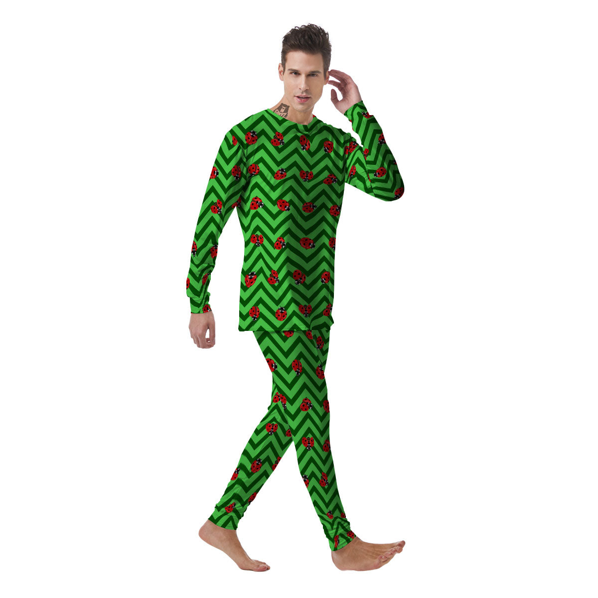 Ladybug Zigzag Green Pattern Men's Pajamas-grizzshop