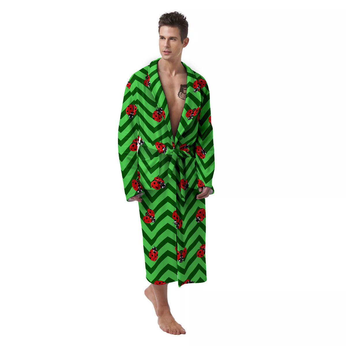 Ladybug Zigzag Green Pattern Men's Robe-grizzshop