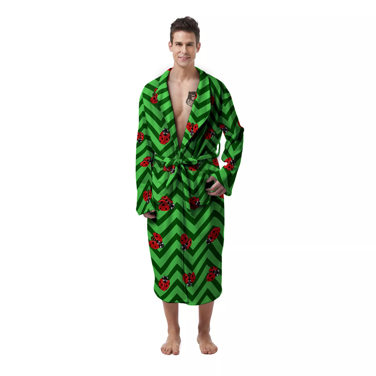 Ladybug Zigzag Green Pattern Men's Robe-grizzshop