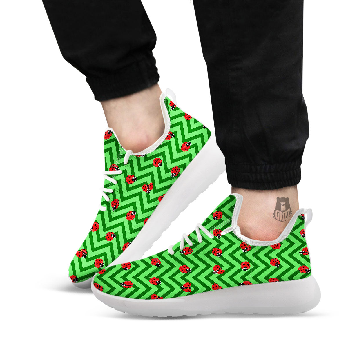 Ladybug Zigzag Green Pattern White Athletic Shoes-grizzshop