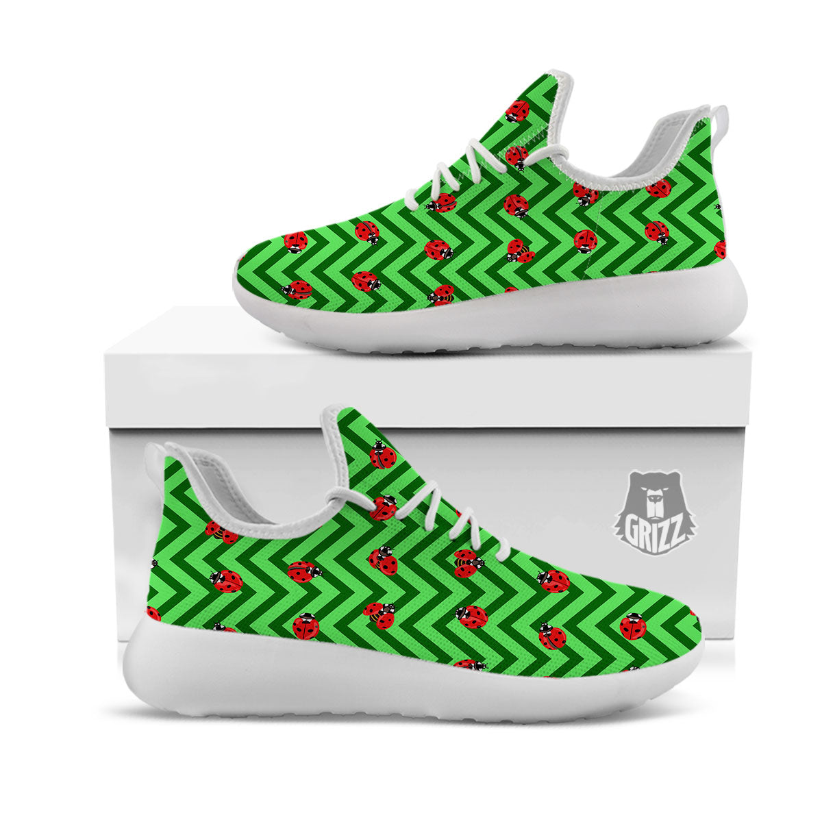 Ladybug Zigzag Green Pattern White Athletic Shoes-grizzshop