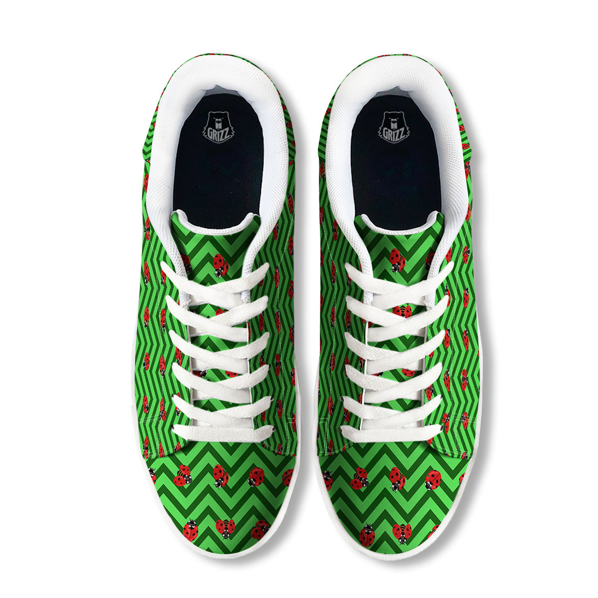 Ladybug Zigzag Green Pattern White Low Top Sneakers-grizzshop