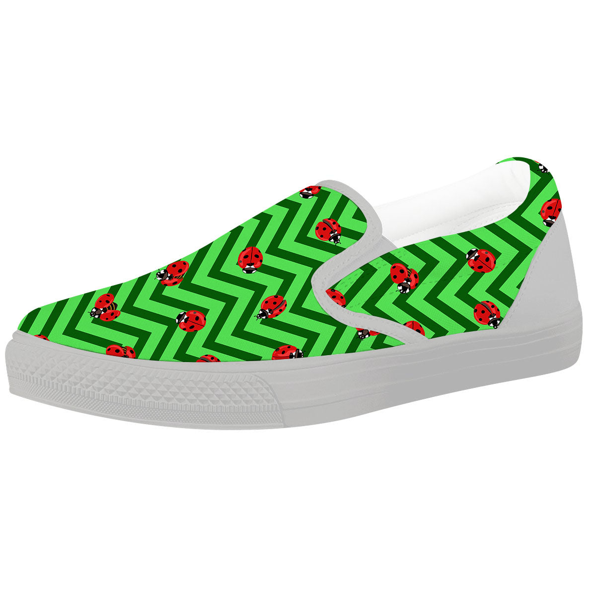 Ladybug Zigzag Green Pattern White Slip On Shoes-grizzshop