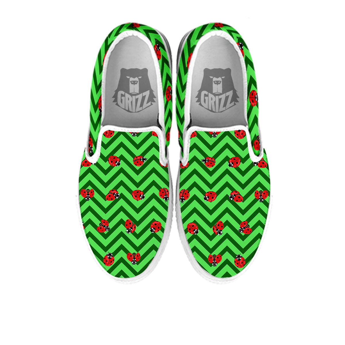 Ladybug Zigzag Green Pattern White Slip On Shoes-grizzshop