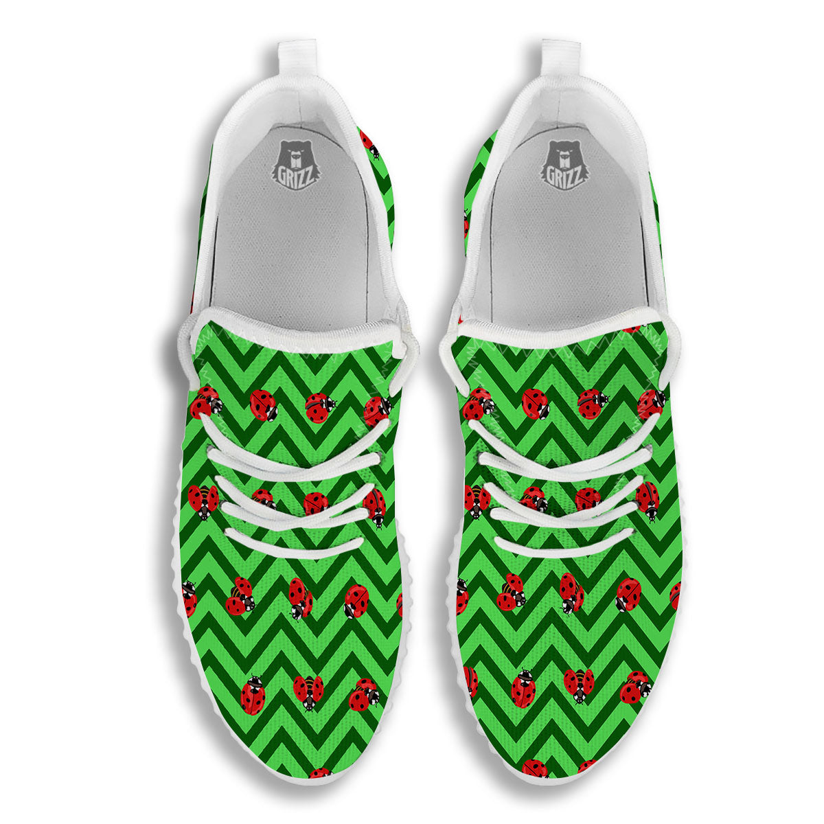 Ladybug Zigzag Green Pattern White Walking Shoes-grizzshop
