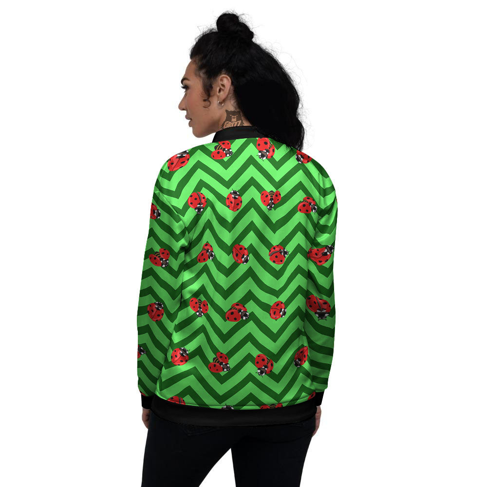 Ladybug Zigzag Green Pattern Women's Bomber Jacket-grizzshop