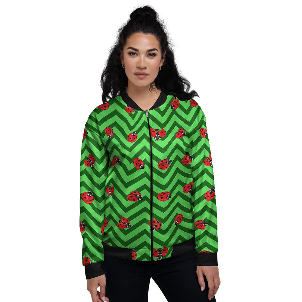 Ladybug Zigzag Green Pattern Women's Bomber Jacket-grizzshop