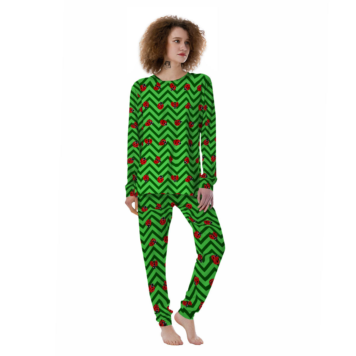 Ladybug Zigzag Green Pattern Women's Pajamas-grizzshop