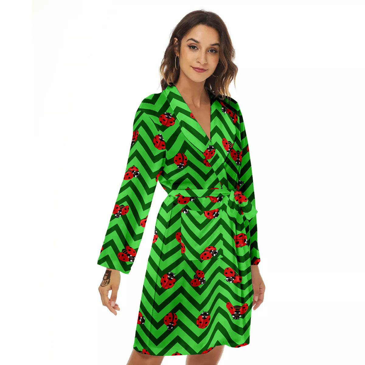 Ladybug Zigzag Green Pattern Women's Robe-grizzshop