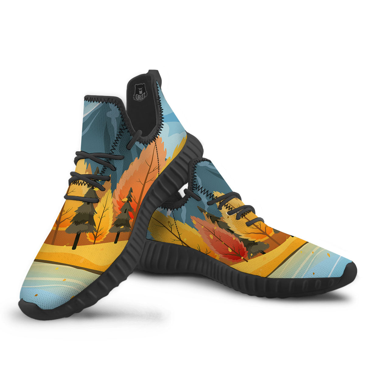 Lake Autumn Print Black Walking Shoes-grizzshop