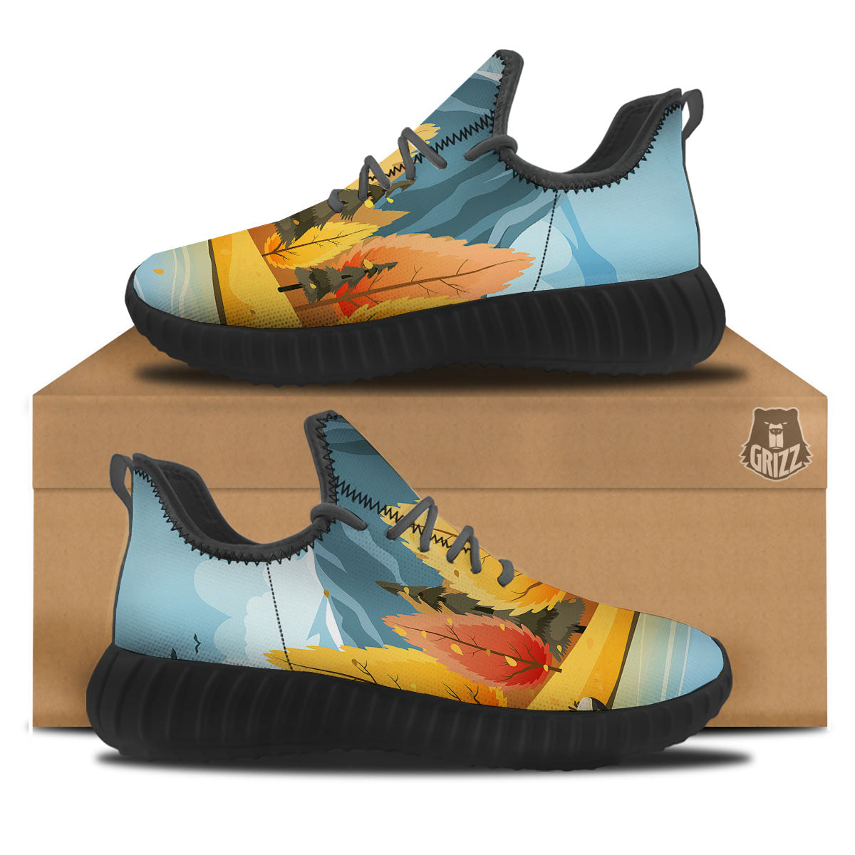 Lake Autumn Print Black Walking Shoes-grizzshop