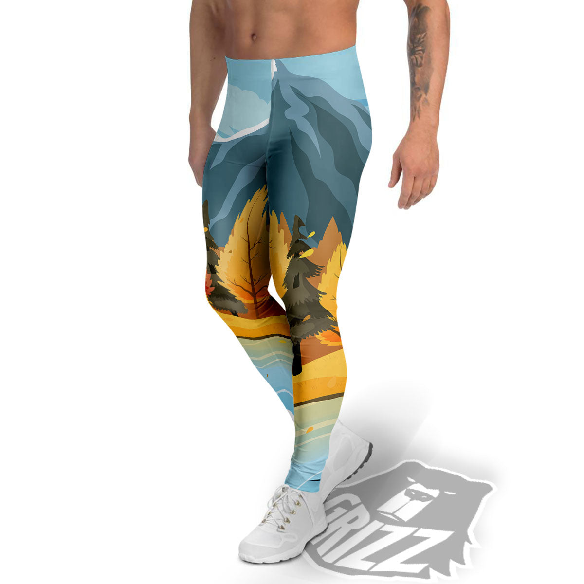 Lake Autumn Print Men's Leggings-grizzshop