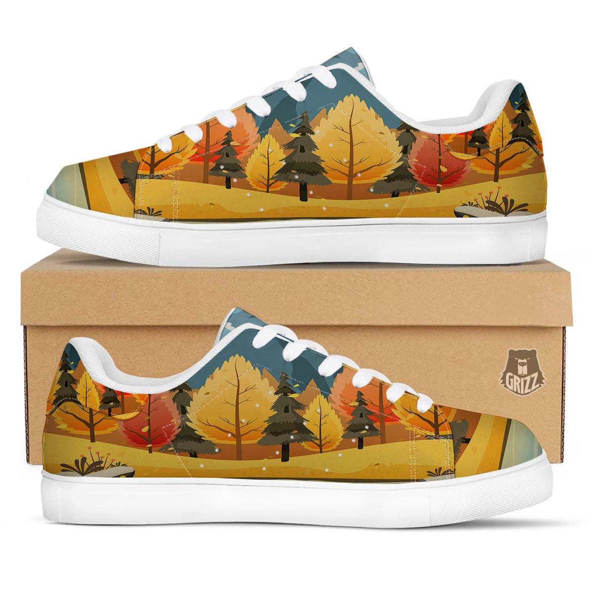 Lake Autumn Print White Low Top Sneakers-grizzshop