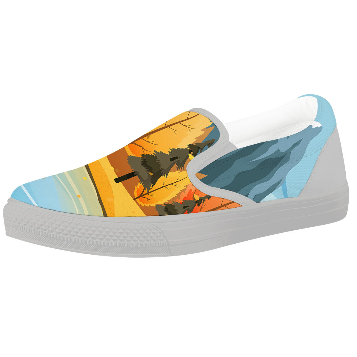 Lake Autumn Print White Slip On Shoes-grizzshop