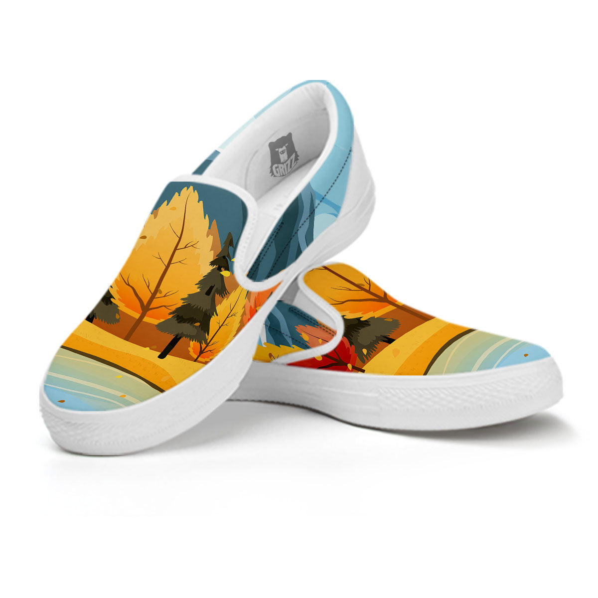 Lake Autumn Print White Slip On Shoes-grizzshop