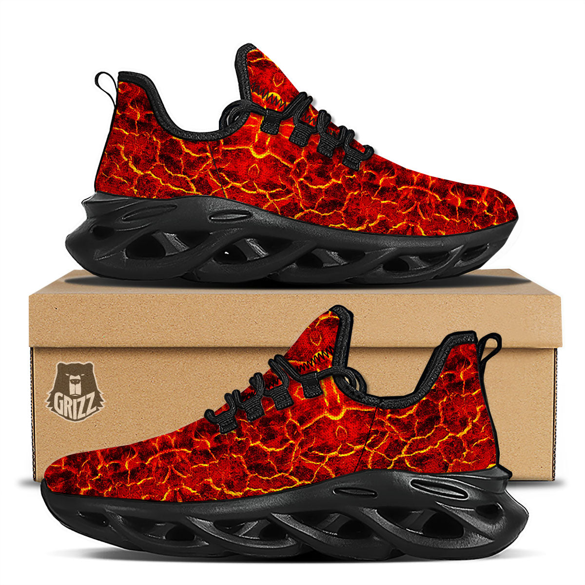 Lava Red Print Pattern Black Running Shoes-grizzshop