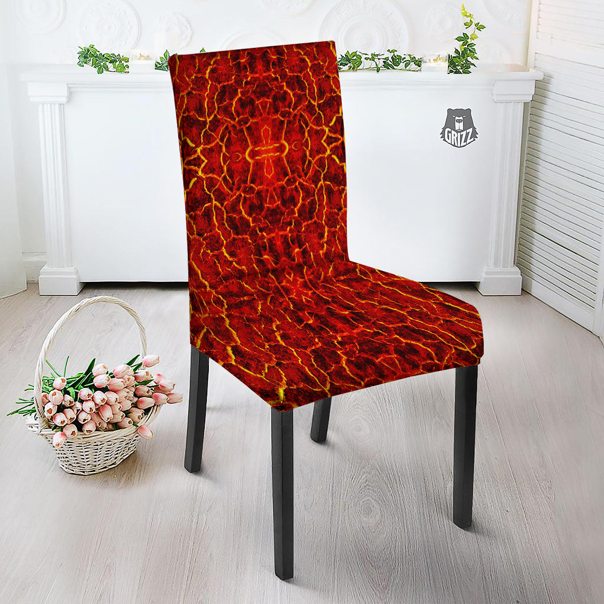 Lava Red Print Pattern Dining Chair Slipcover-grizzshop